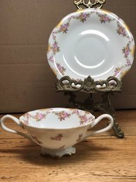 T&V Limoge France Bouillon Cup & Saucer Roses 2 Handles/Higgins & Seiter - Very Good Condition