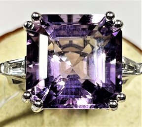 Large Sterling Silver Ladies Cocktail Ring Large Square Amethyst Stone Great Setting Size 7