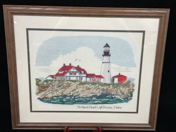 Framed Cross Stich Artwork Of Maine Lighthouse