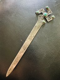 Incredible Antique NAVAJO ~ Whirling Log ~ Sterling And Turquoise Letter Opener