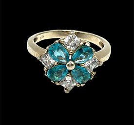 Lovely Sterling Silver Blue Topaz And Clear Stone Flower Ring, Size 8