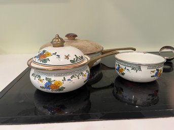 Vintage Asta Floral Enamel Pots And Bowl With Brass Handles & Lid