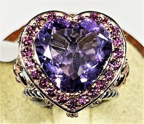 Large Ladies Heart Shaped Genuine Amethyst Dinner Ring Surrounded By Pink Stones Size 6