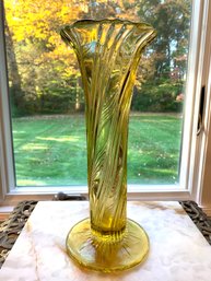 Vintage Tall Yellowish Optic Glass Footed Trumpet Vase