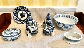 Group Of Blue And White Table Top Objects Including Foo Dogs