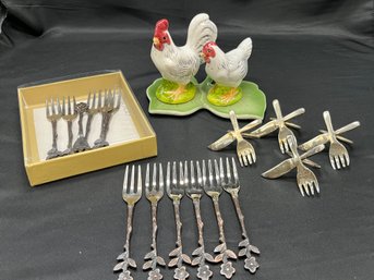 Hostess Accessory Set - Appetizer Forks, Silver Plate Napkin Rings, Salt & Pepper