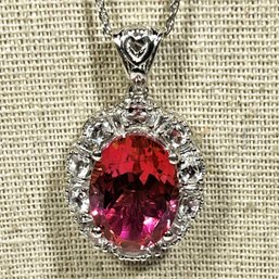 Very Fine Sterling Silver Contemporary Pink Gemstone White Spinel Pendant On Chain Necklace 20'