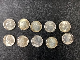 10 Roosevelt Dimes (BU) - Some Proof With Toning (90 Percent Silver)