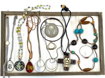 Tray Lot Of Assorted Costume Jewelry Including Wooden Bead, Pendants, & More - 11 Pieces