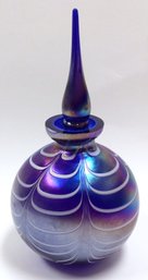 COBALT BLUE ART GLASS PERFUME: White Looping Decoration, Irridescent, Stopper Stuck In Bottle, 5.75 In. Tal
