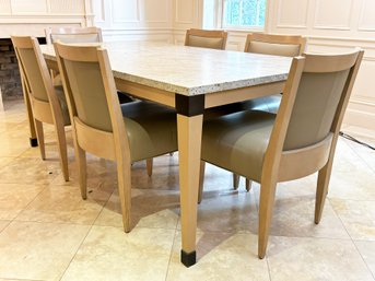 A Beautiful Custom Dining Table With Honed Granite Top And Set Of 6 Chairs In Ashen Leather By J. Robert Scott