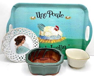 French Melamine Tray, Vintage Lattice Plate, Ceramic Planter & Lenox Bowl