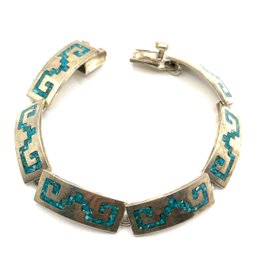 Vintage Mexican Sterling Silver Turquoise Inlay Linked Bracelet