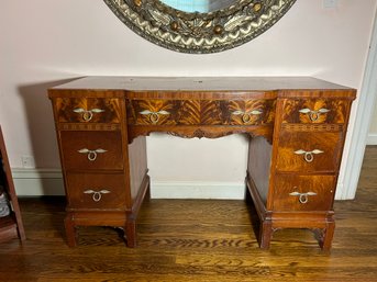 Vintage Sheraton Inspired Neoclassical Bump Out Writing Desk With Stunning Inlay And Fancy Trim