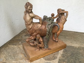 LARGE TERRA COTTA EARTHENWARE SCULPTURE MALE AND FEMALE MYTHICAL CENTAUR, EUROPEAN ARTIST, LITHUANIA