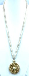 Vintage Faux Pearl Necklace W/ Mirrored Locket Style Pendant