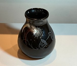 Stunning Black On Black Navajo Pottery Vase With Dreamcatcher Embedded In It Signed P. Blackhorse