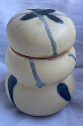 White And Blue Lidded Pottery Jar - Signed