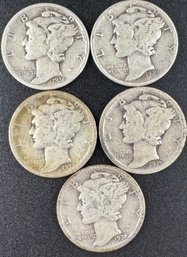 Lot Of 5 Mercury Silver Dimes 1934, 1935, 1936, 1937, 1939