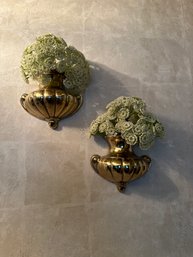 Pair Brass Wall Hangings With Artificial Flowers