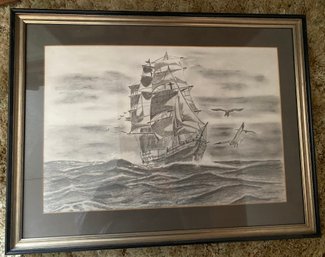 Framed Drawing Of Ship Signed H. Wedler