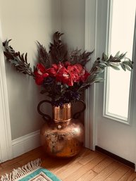 ANTIQUE COPPER URN W/ SILK FLOWERS