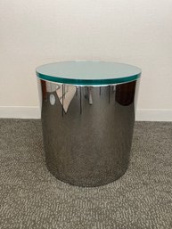 Modern Glass Topped Mirrored Side Table  - 18'D Round X 19'H