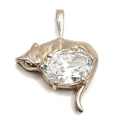 Lovely Vintage Sterling Silver Cat Lying On A Large Clear Stone Pendant