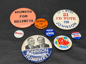 8pc Vintage Political Campaign Buttons Pins - Humphrey, Johnson 1960s Plus