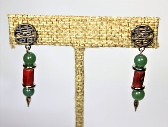 Pair Sterling Silver Coral And Jade Pierced Earrings