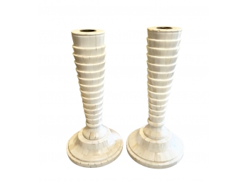 Pair Of Tall Tessellated Telescoping Bone Candlesticks