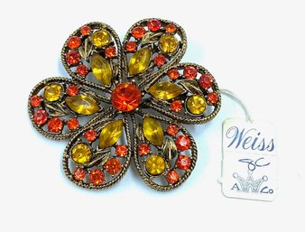 Incredible New W/ Tags - Signed Orange Floral Rhinestone Brooch By Weiss