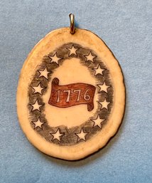 Unusual Patriotic Scrimshaw Pendant On Antler Slice