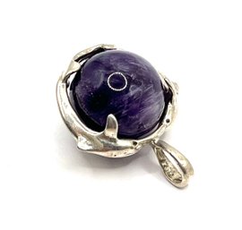 Vintage Sterling Silver Purple Round Stone With Dolphins Pendant