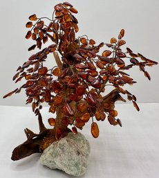 Bonsai Tree Sculpture With Natural Wood, Stone & Amber Beads