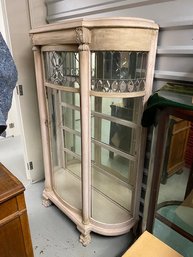 Antique Leaded Glass Detailed Curved Glass Curio/Display - Distressed Pink Shabby Chic Patina