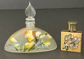 2 Vintage Small Perfume Bottles - Punto Arte Italy Signed - Gold Tone Rhinestone & Glass Embellished