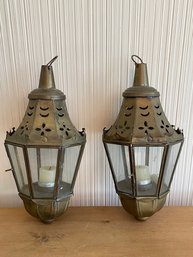 Pair Vintage Brass Hanging Candle Pendant Lanterns