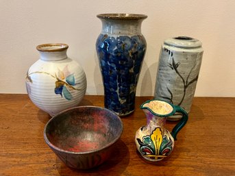 5 Pc Pottery Lot - Great Assortment - 3 Appear Hand Thrown Plus Italy And Mexico