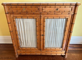 Vintage Bamboo & Solid Wood Bar With Marble Top & Keys