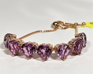 Large Rose Gold Over Sterling Silver Heart Shaped Amethyst Gemstone Bracelet 10'