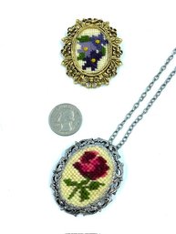 Pair Of Vintage Needlepoint Brooches/pendants