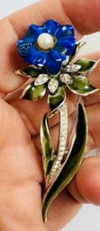 SIGNED CORO ENAMEL AND RHINESTONE BLUE FLOWER BROOCH