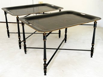 A Pair Of Vintage Metal Tole Painted Tray Top Side Tables - Gorgeous!