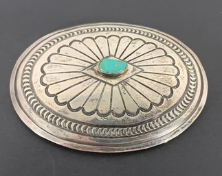 Large Oval Silver Belt Buckle With Turquoise Stone - 2.13 Gross Ozt