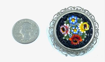 Gorgeous Italian Silver Micro Mosaic Brooch