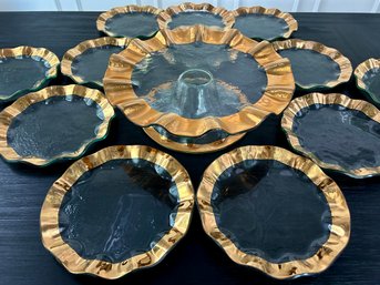 Signed  Handmade Annieglass  Collection - 24K Metallic Wavy Gold Rimmed Cake Plate And Dishes