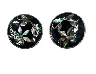 Vintage Mexican Alpaca Silver Abalone Clip On Earrings