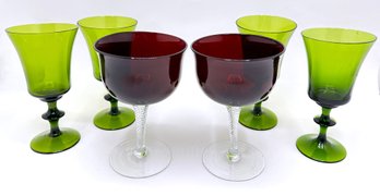 2 Vintage Ruby Glass Wine Glasses & 4 Vintage Green Wine Glasses