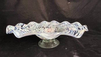 XL New Hand Made Whirlpool Art Glass Centerpiece Bowl With Pedestal